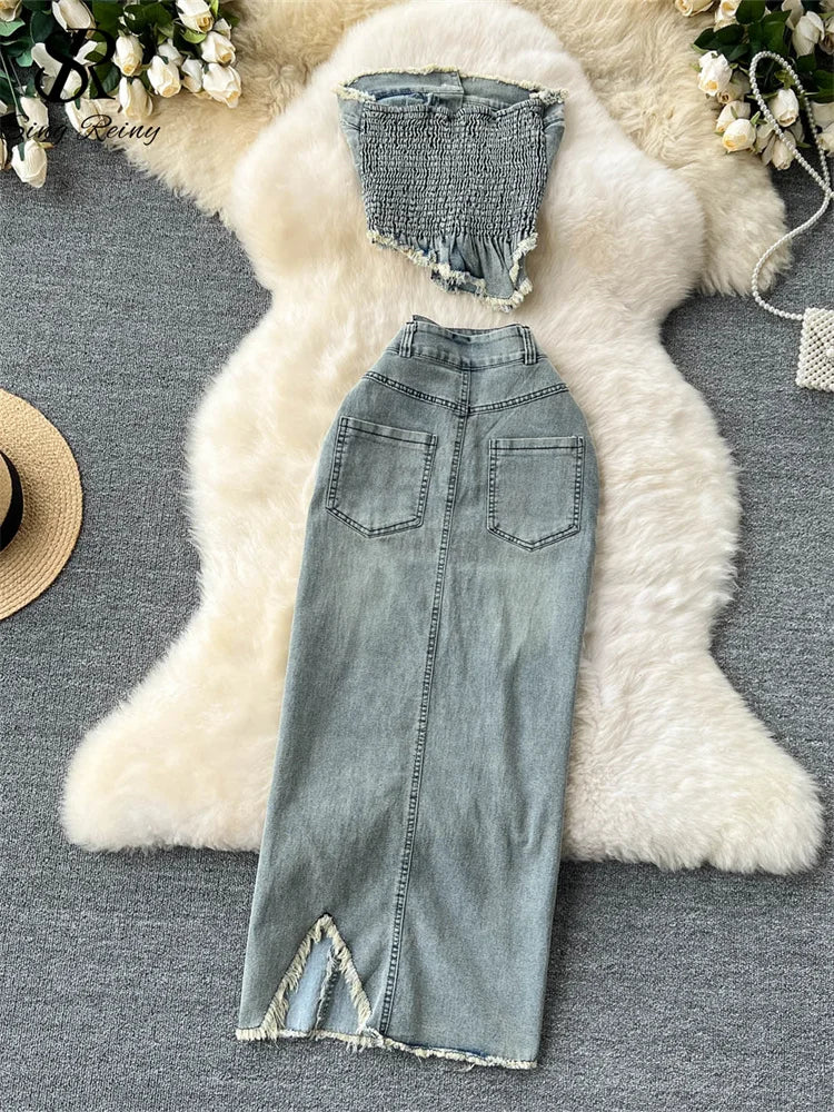 SINGREINY Irregular Denim Strapless Button Ruched Top + High Waist Pocket Split Skirt Set