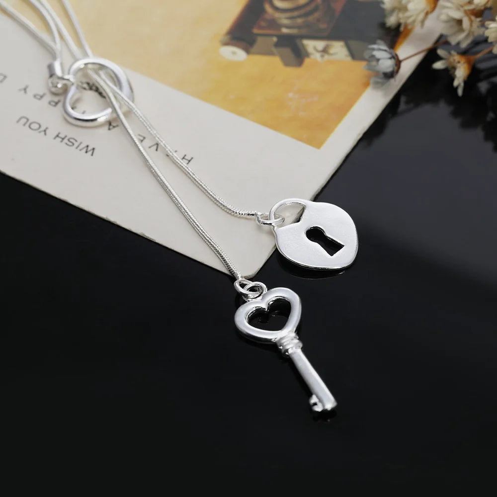 925 Sterling Silver Heart Lock Key Necklace
