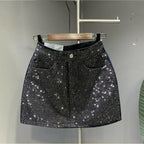 High-Waisted Rhinestone Denim Mini Skirt