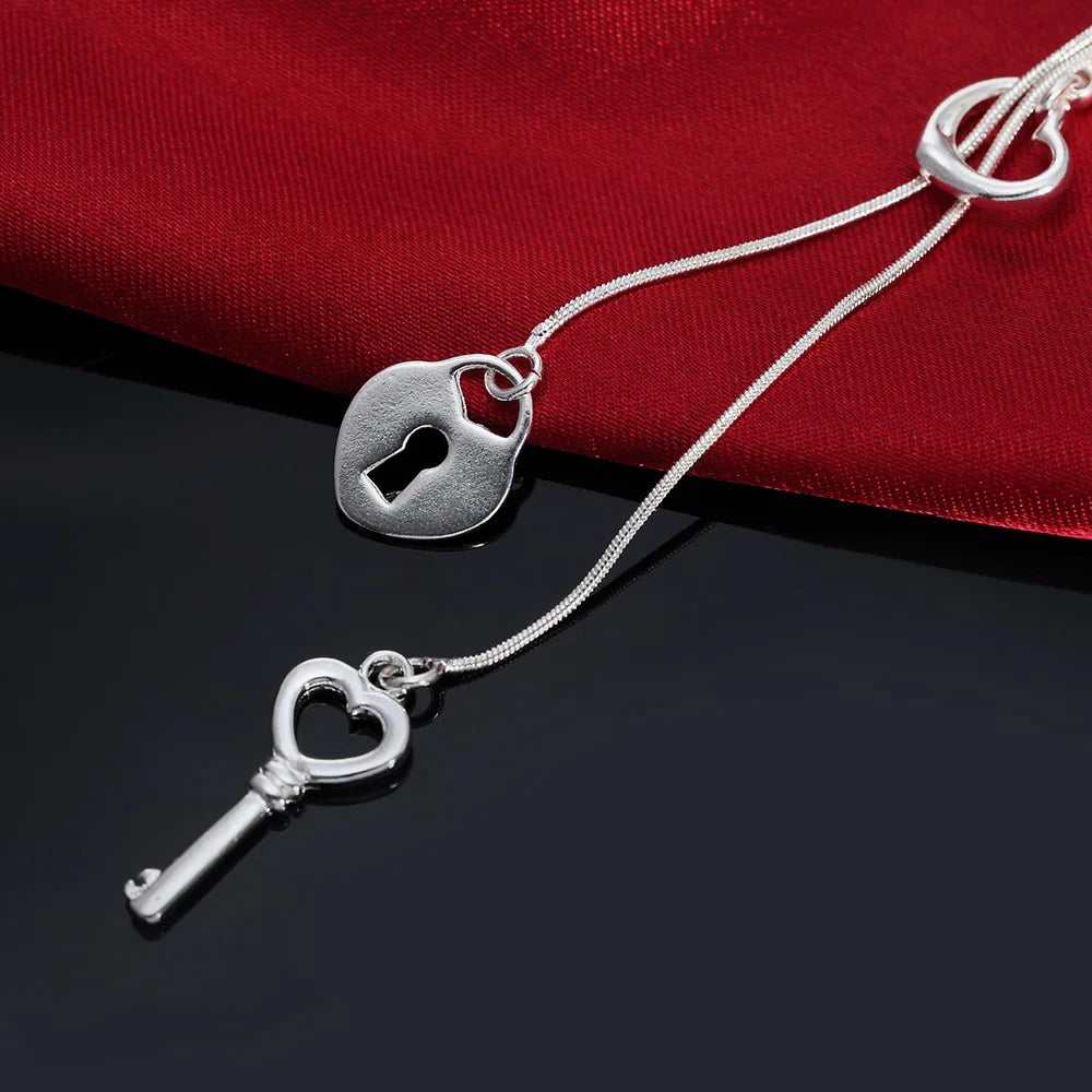 925 Sterling Silver Heart Lock Key Necklace