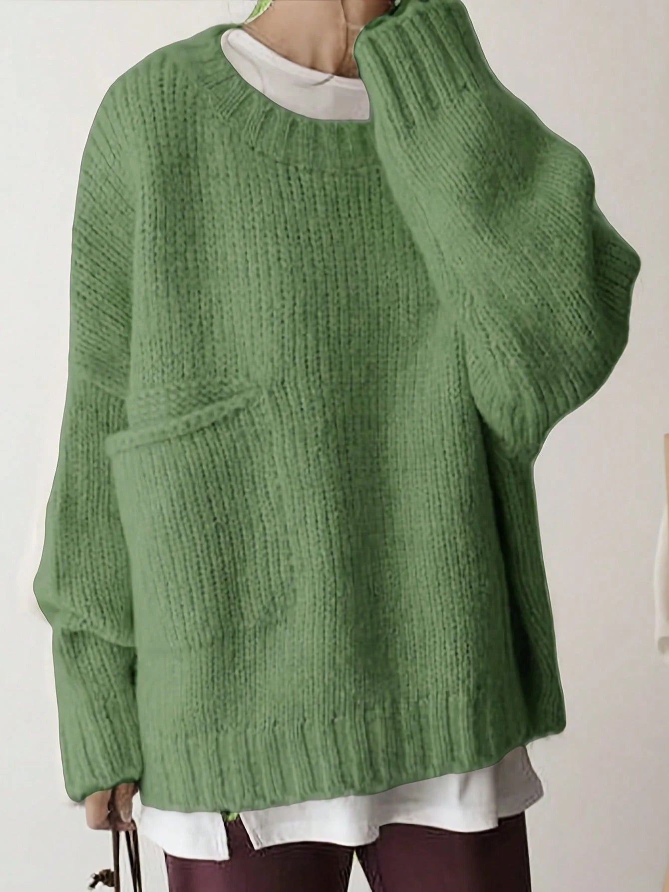 Crew Neck Long Sleeve Pullover Sweater with Side Pockets