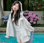 Lace Embroidery Hooded Sunscreen Coat Shorts Vest Three Piece Set