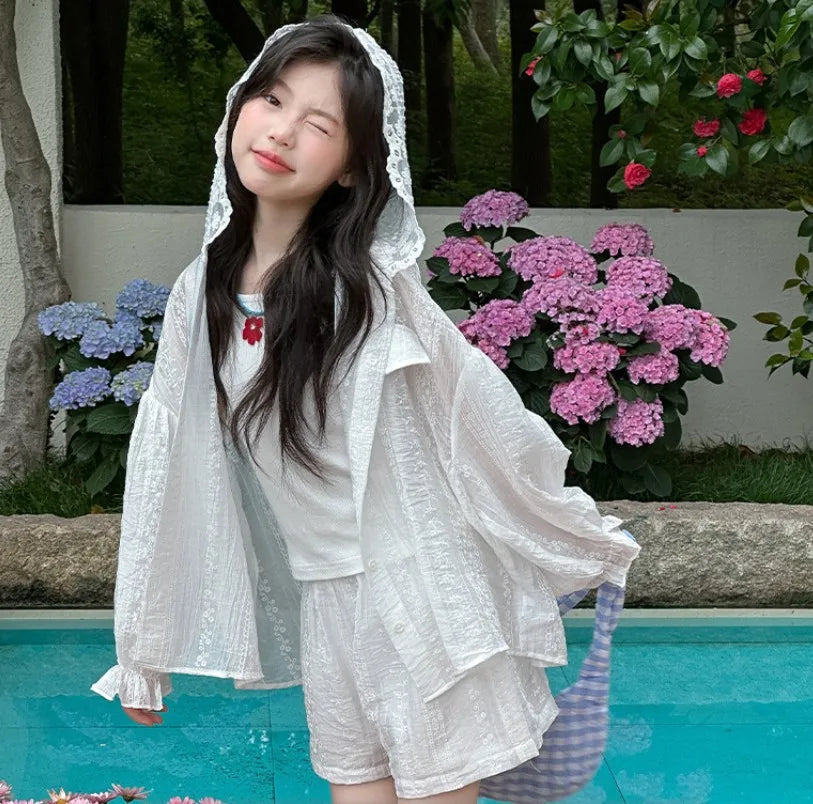 Lace Embroidery Hooded Sunscreen Coat Shorts Vest Three Piece Set