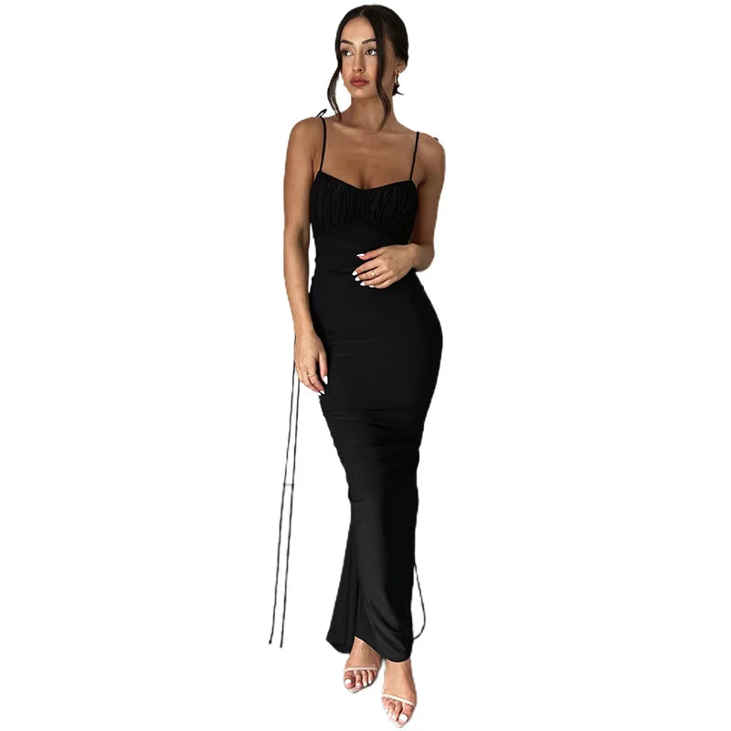 Deep V-Backless Ruched Maxi Dress