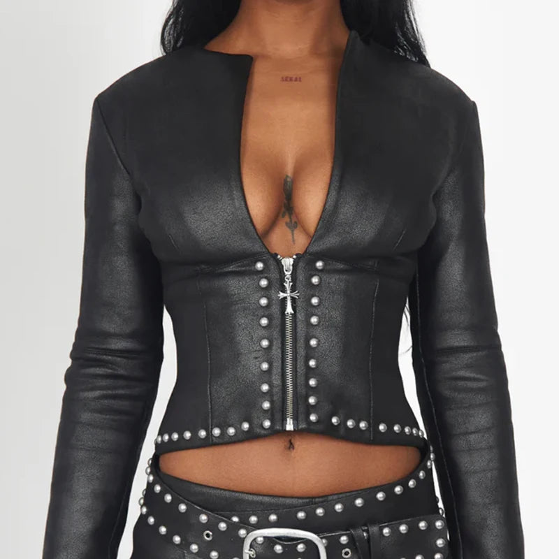 Street Rivet Deep V Jacket Skirt Set