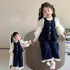 Denim Ruffle Bow Printed Vest + Long Sleeved Shirt + Pants 3 Pcs Set