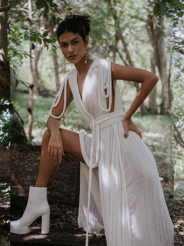 Strap Off Shoulder Hanging Neck Woven Rope Dress