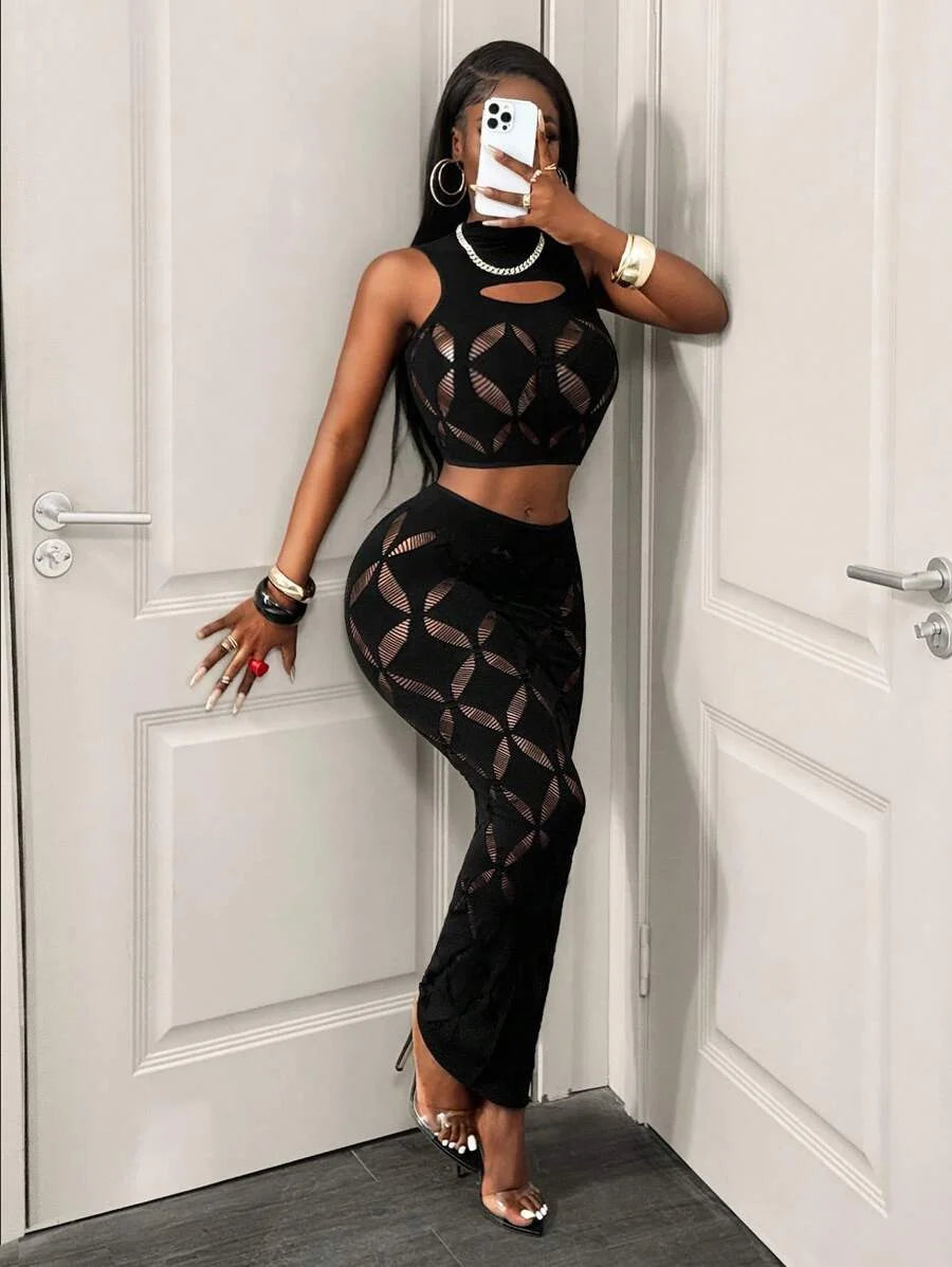 See Through Mesh Hollow Out Crop Tank & High Waist Bodycon Mini Skirt Set