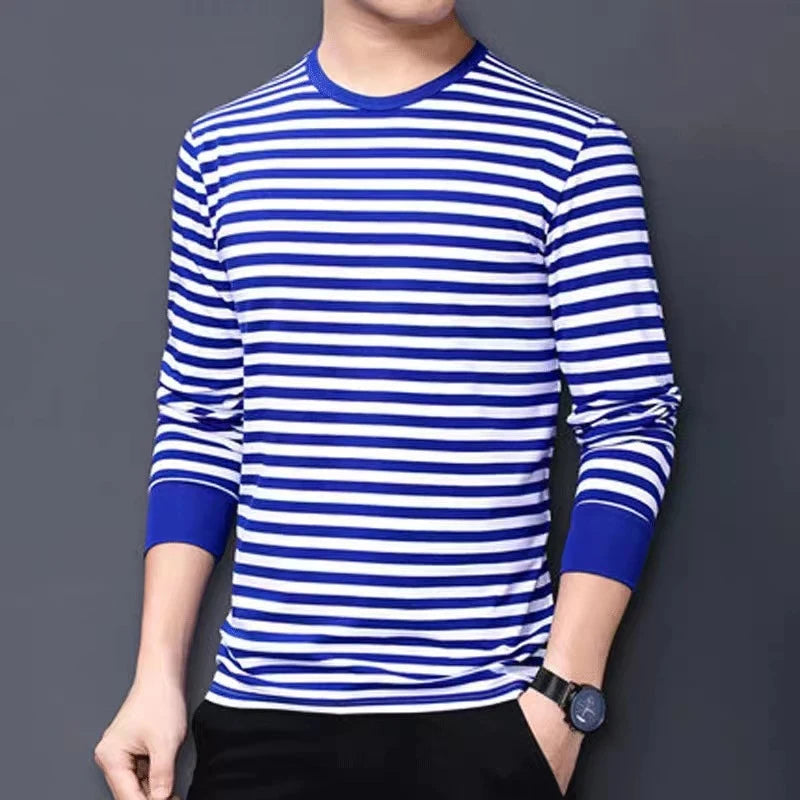 Blue and White Striped Long-Sleeve Crewneck Shirt