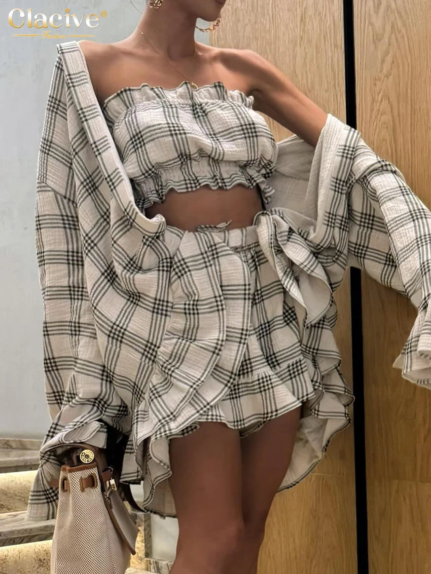 Loose Plaid Cotton Shorts Set