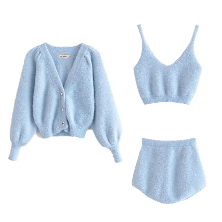 Taruxy Plush Mohair Drill Button Cardigan Coats With Bra Tops And Mini Shorts Set