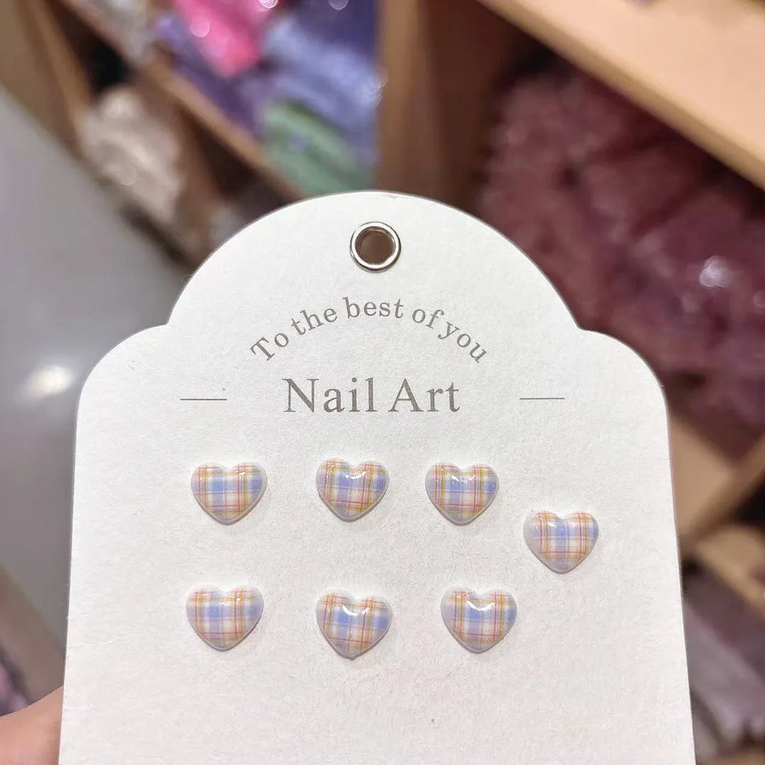 100Pcs 10×11mm Heart Plaid Nail Charms - 3D Sweet Girl Nail Art, Lovely Press-On Nail Decor for DIY Kawaii Manicures