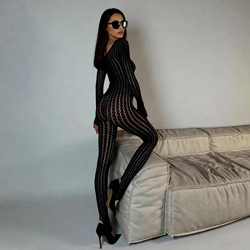 ブラックジャンプスーツ レディース セクシー フィッシュネット シースルー ロングロンパース 2026年 夏 レディース パンツ スキニー ロンパース ジャンプスーツ オーバーオール パンティーストッキング