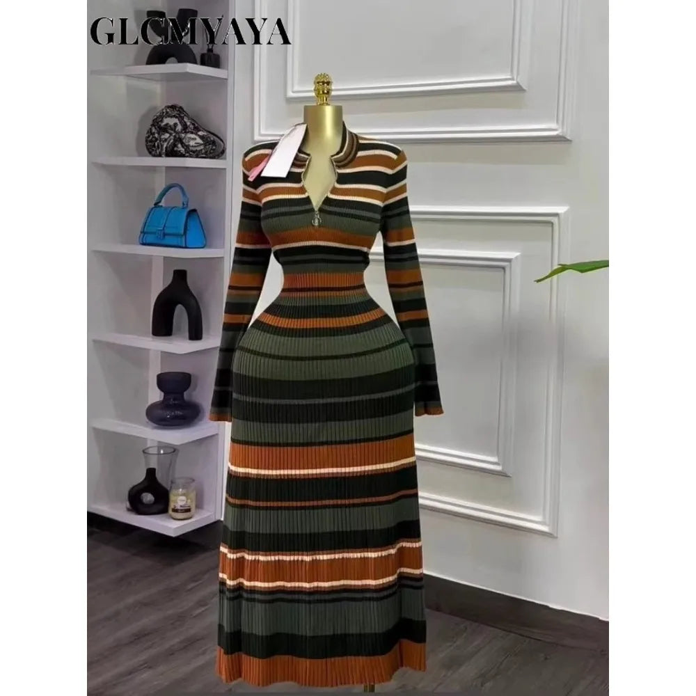 GLCMYAYA Striped Long Sleeve V-neck Maxi Dress