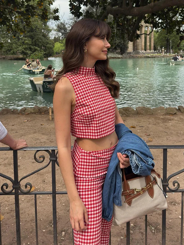 Classic Gingham High-Neck Crop Top & Trouser Set