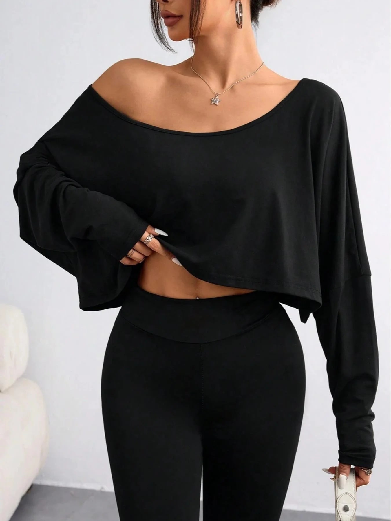 Off Shoulder Asymmetric Collar Long Sleeve Casual T-shirt Two Piece Set