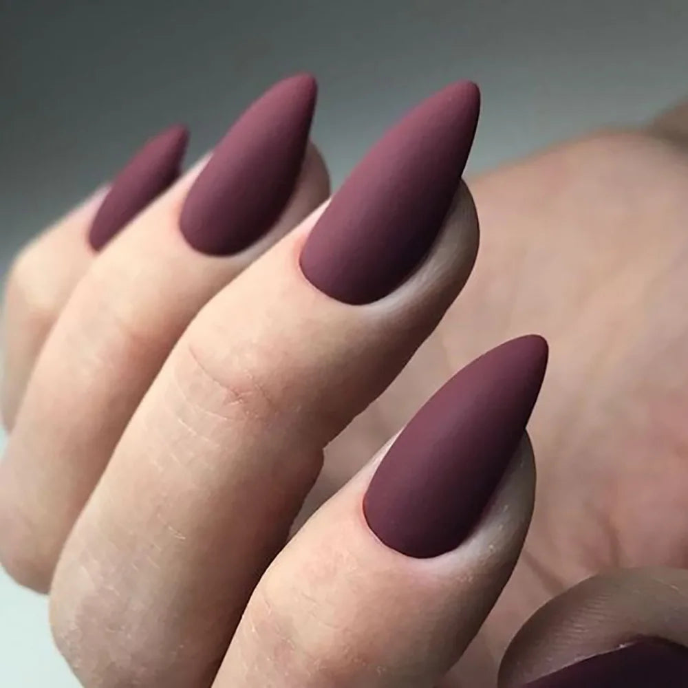 24pcs/set short fake nails for women girls almond ballet nail tips matte red nude brown faux ongles press on acrylic false nail