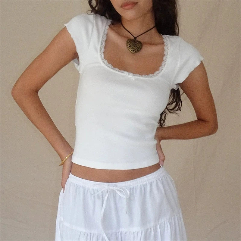 Baby Tee Cottage Lace Trim Knitted T-Shirt