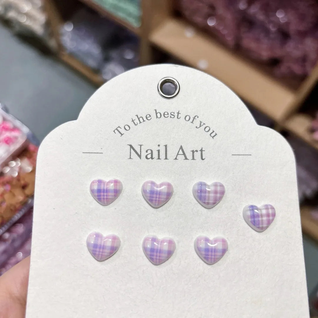 100Pcs 10×11mm Heart Plaid Nail Charms - 3D Sweet Girl Nail Art, Lovely Press-On Nail Decor for DIY Kawaii Manicures