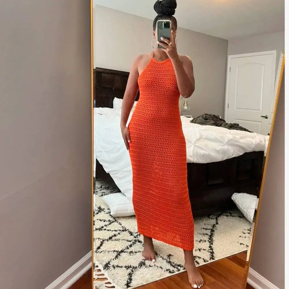 Puloru Halter Tie-up Knit Beach Dress