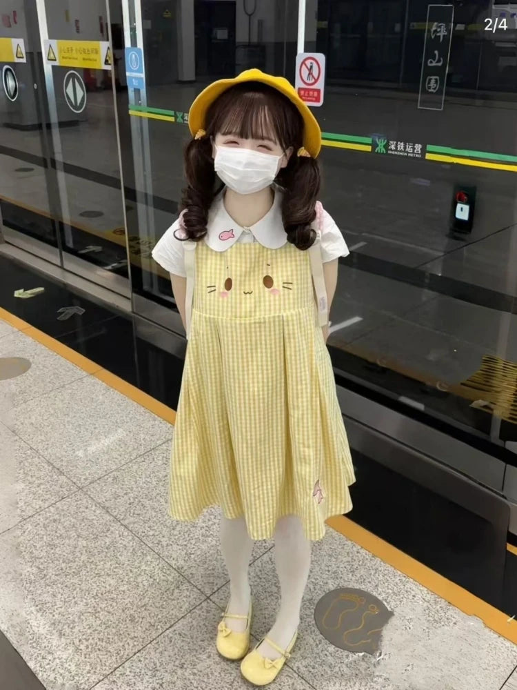 Plaid Cartoon Sleeveless Mini Dress + Doll Collar Blouse