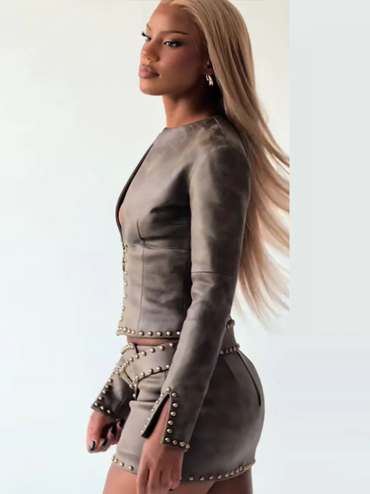 Street Rivet Deep V Jacket Skirt Set