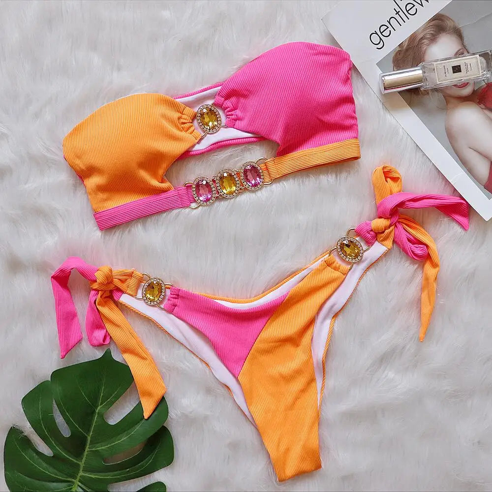 Patchwork Cut Out Rhinestone Bikini
