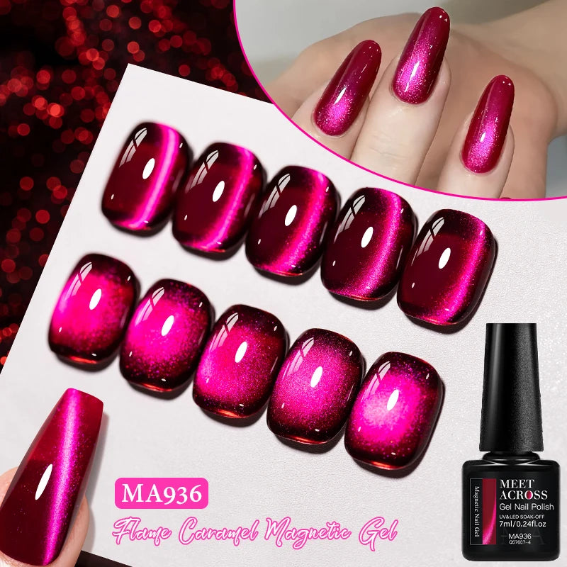 MEET ACROSS 7ml Dark Red Cat Magnetic Gel Nail Polish for Winter Nails DIY Jelly Glass Holographic Cat Eye Gel UV Gel Nail Art