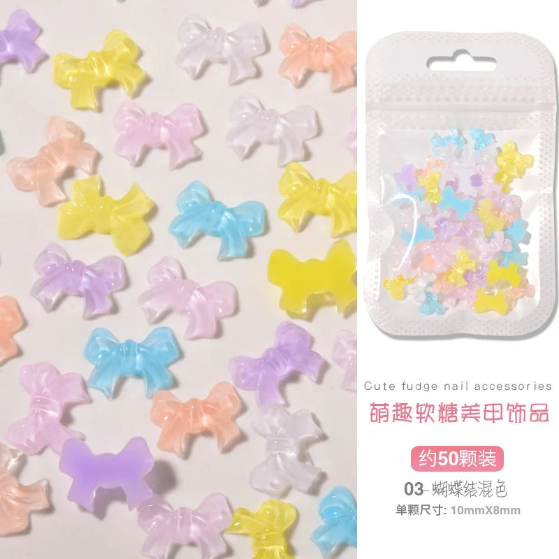 50PCS Aurora Acrylic 3D Nail Art Bow Charm For Nails Decoration Design Kawaii Manicure Accessories Bow-knot DIY Craft Supplies