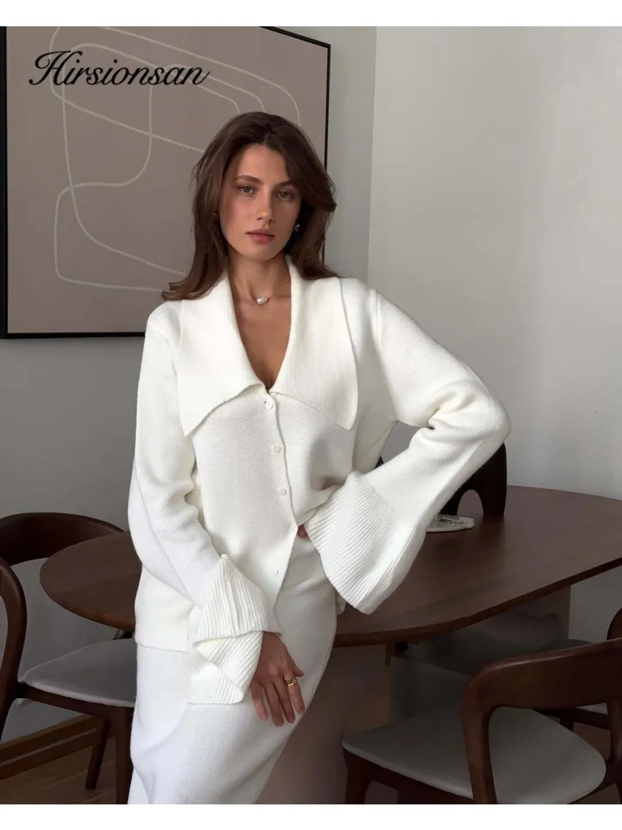 Hirsionsan Polo Neck Cardigan Sweater & Midi Dress Knitted Tracksuit Set