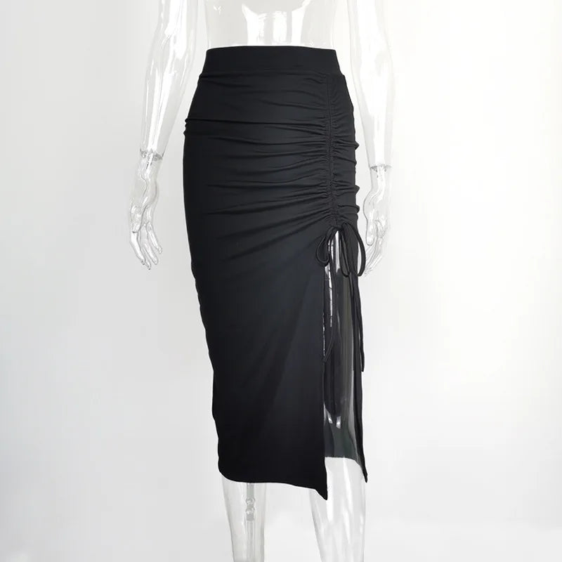 Side Ruched Drawstring Keyhole Skirt