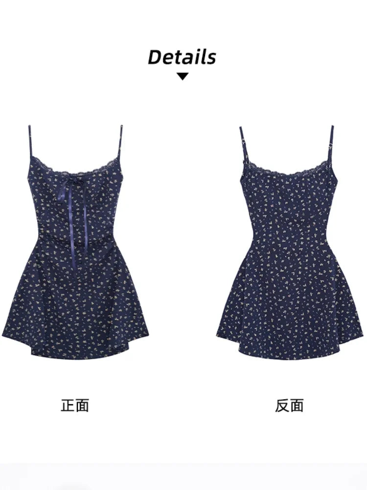 Blue Suspender Floral Mini Dress + Cardigan Set
