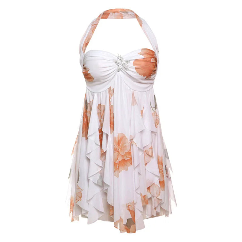 Flower Printed Mesh Strapless Mini Dress