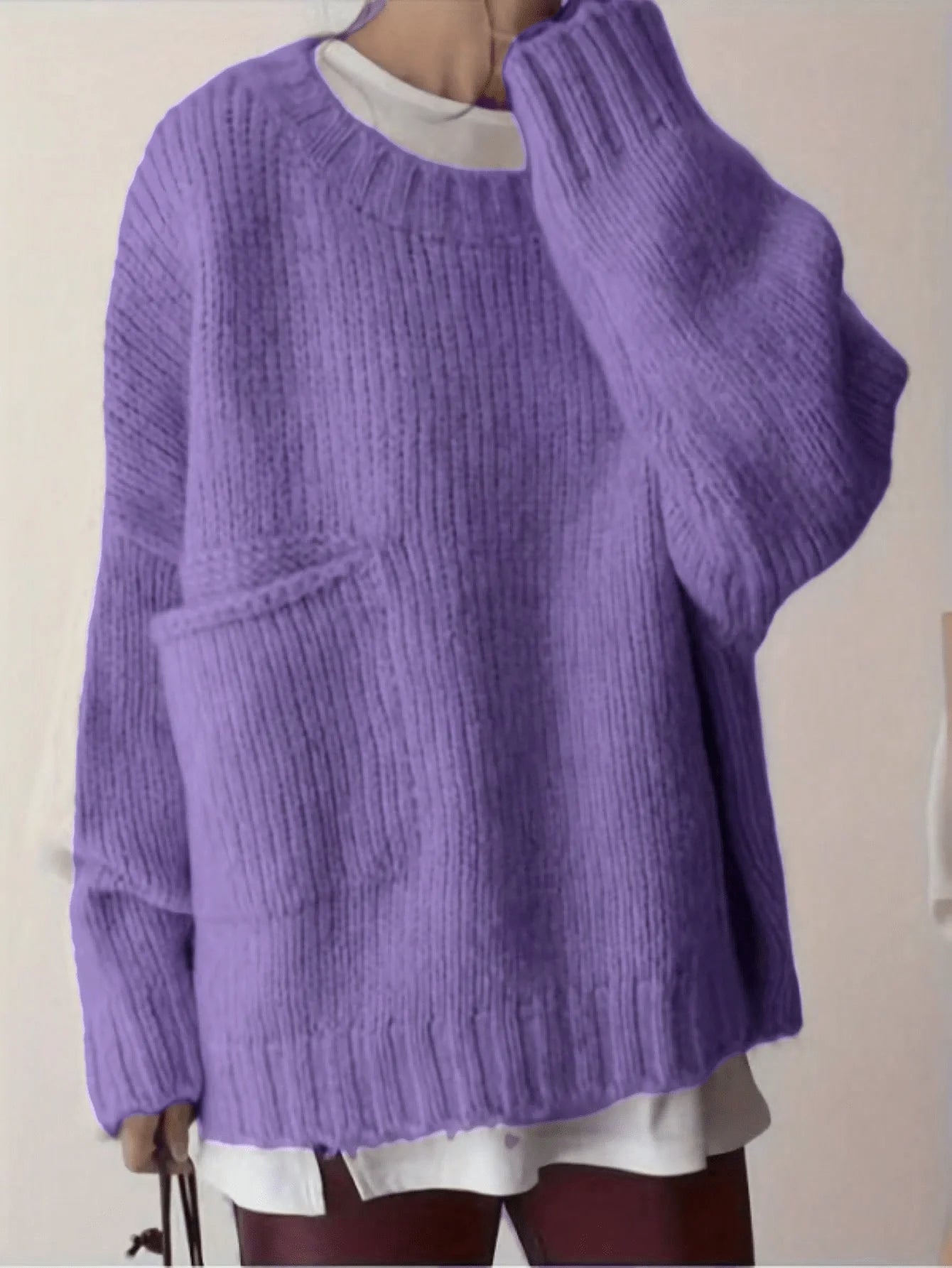 Crew Neck Long Sleeve Pullover Sweater with Side Pockets