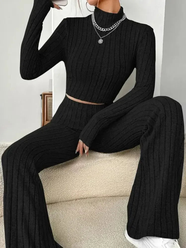 Solid ColorElegant Round Neck Tops Loose Pants Set