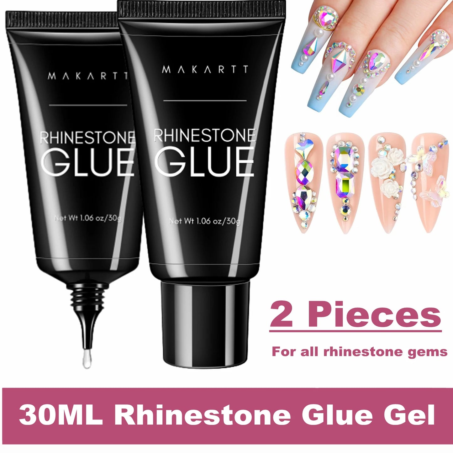 Makartt Nail Rhinestone Glue Gel Kit,  Clear Nail Gem Glue Gel Super Strong Adhesive Nail Art Glue for Nail Decorations 3D Stone