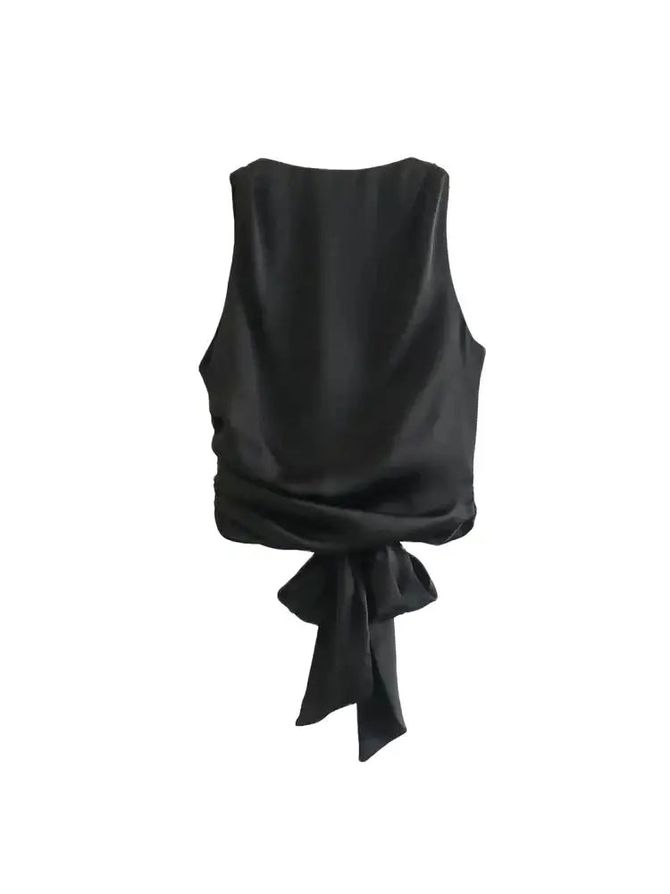 Tied Satin Back Open Crop Blouse