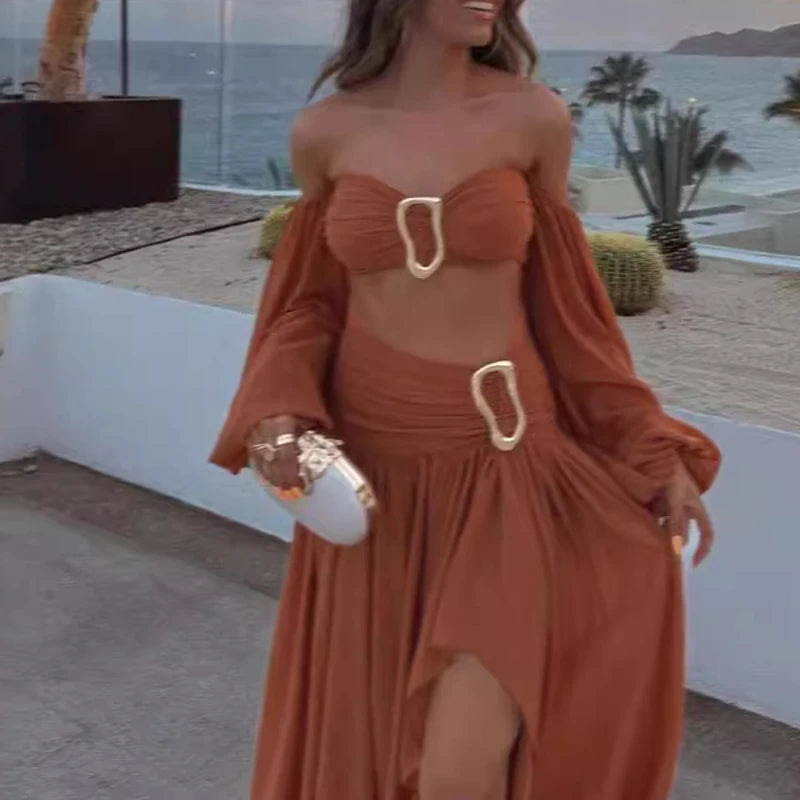 Off Shoulder Chiffon Skirts Two Piece Set