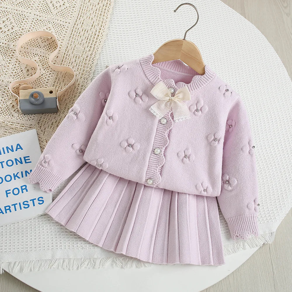Flower Bow Knitted Cardigan + Short Skirt Set