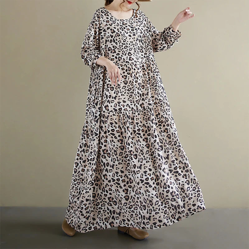 Round Neck Long Sleeve Gingham Pleated Dress
