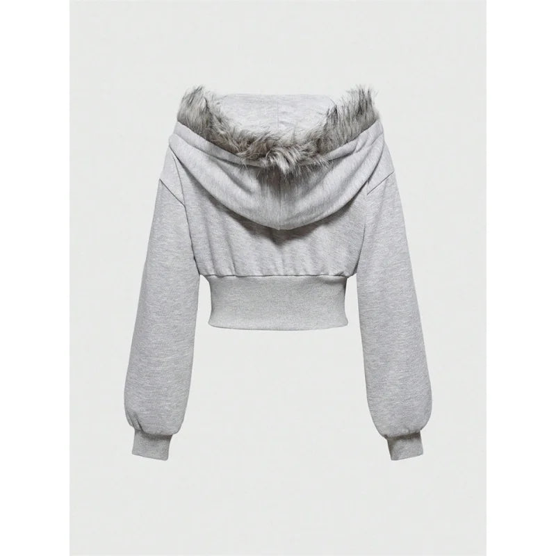 Faux Fur Trim Corset Zip-Up Hoodie