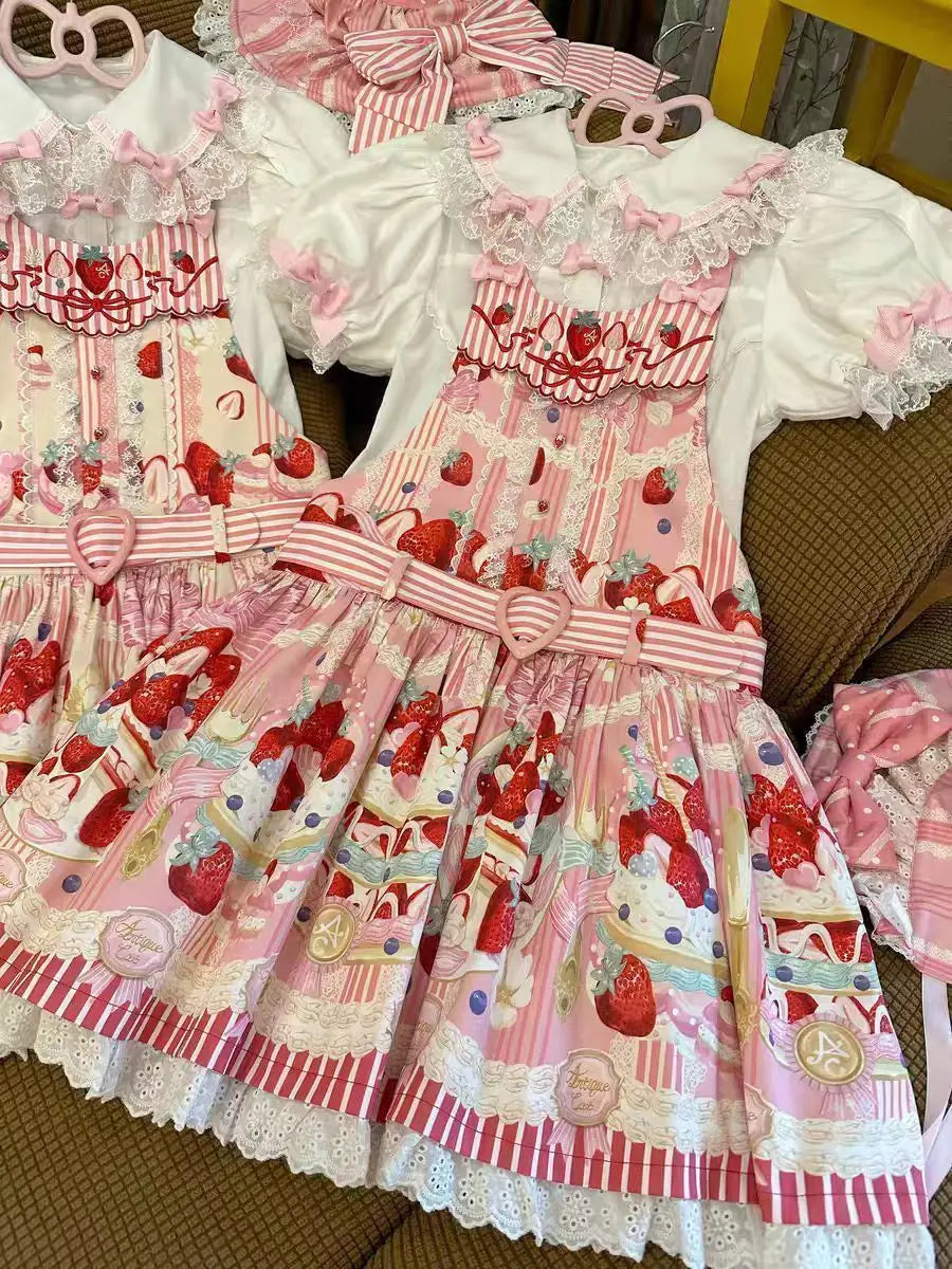 Strawberry Cake Print Suspenders Dress