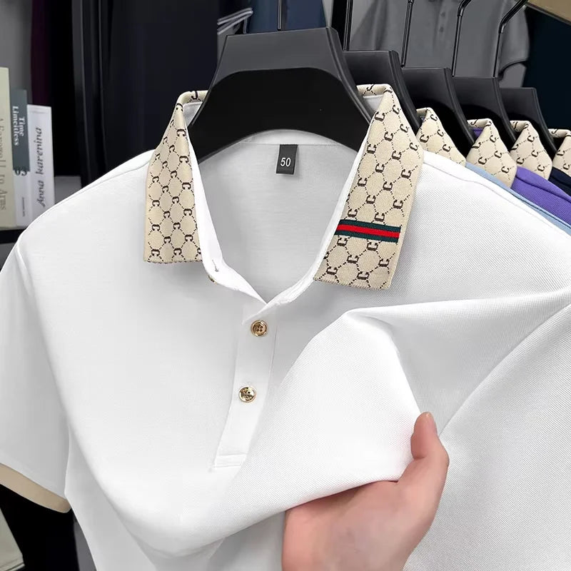 Short-Sleeve Polo with Geometric Print Collar Detail