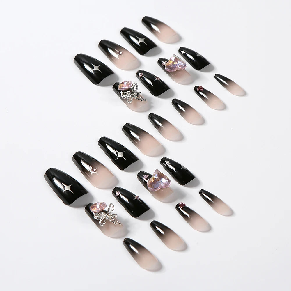 24pcs/box black press on nail tips 3D Heart Bow Rhinestone Y2k Long Ballet Fake Nails Full Cover Wearable Glossy DIY False Nails