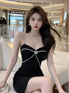 Crystal Trim Sweetheart Neckline Black Party Dress