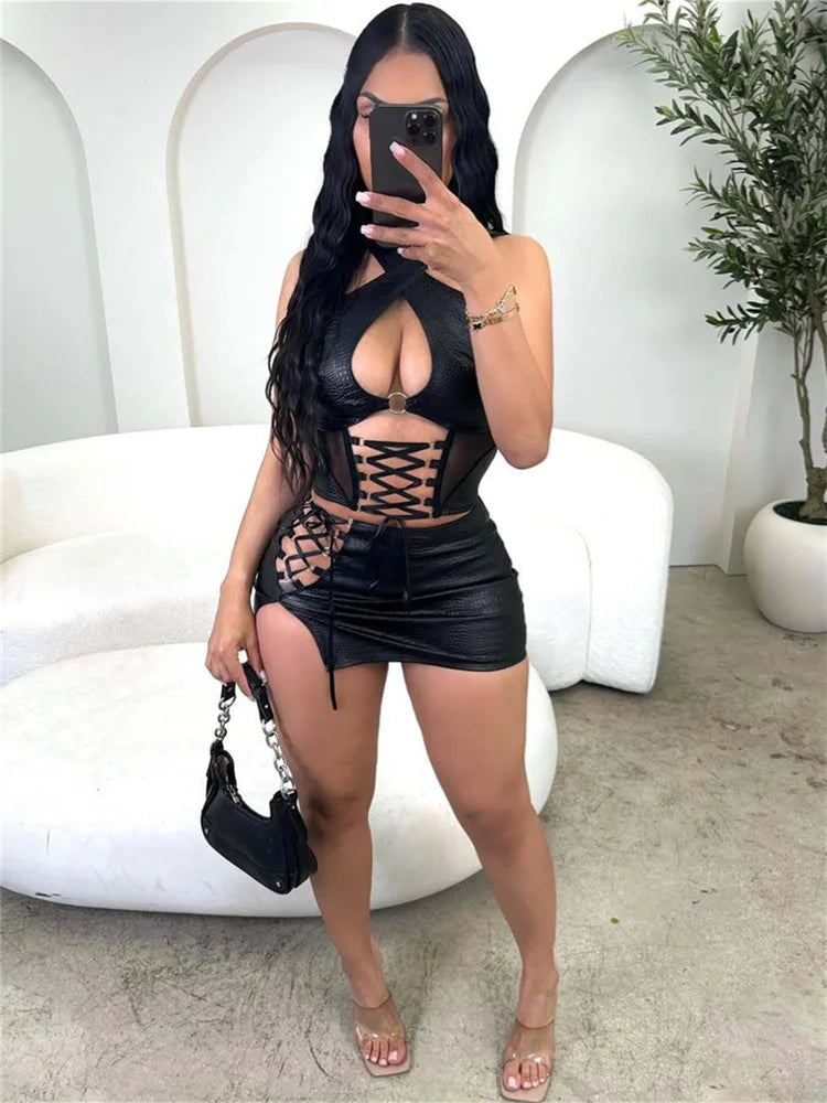 Nibber Halter Hollow Backless Mesh Patchwork Top + Irregular Peach Hip Split Skirt Set