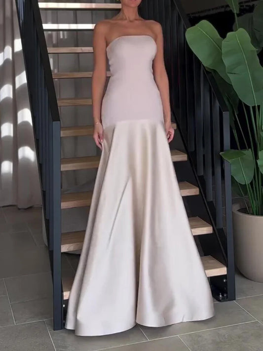 Strapless Drop-Waist Satin Maxi Gown