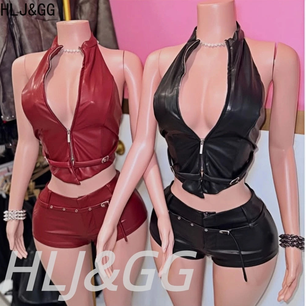 Halter Zipper Sleeveless Slim Top And Shorts Set