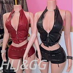 Halter Zipper Sleeveless Slim Top And Shorts Set
