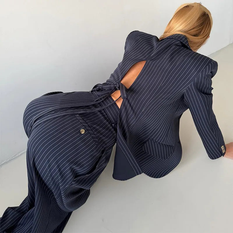 Backless Tie Waist Pinstripe Blazer Set